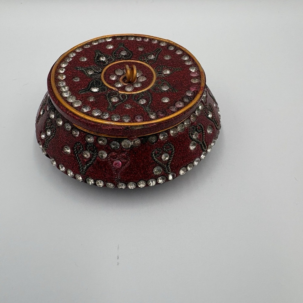 Burgundy Enamel Trinket Ring Box Metallic Fleck Finish Rhinestones Inlaid Hearts